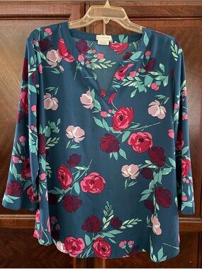 Van Heusen Teal Floral Split V-Neck Blouse
